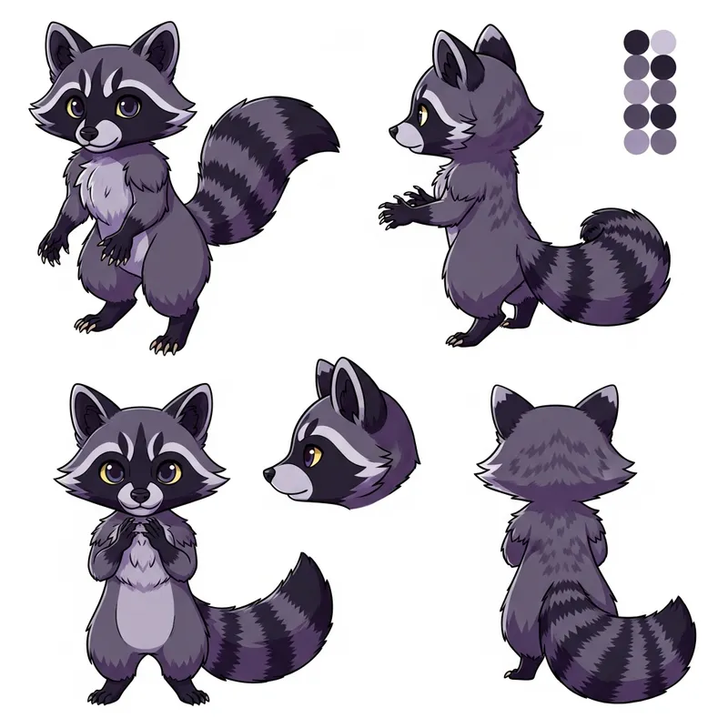 Unique Anthropomorphic Racoon Reference Sheet: Dark-Grey & Purple