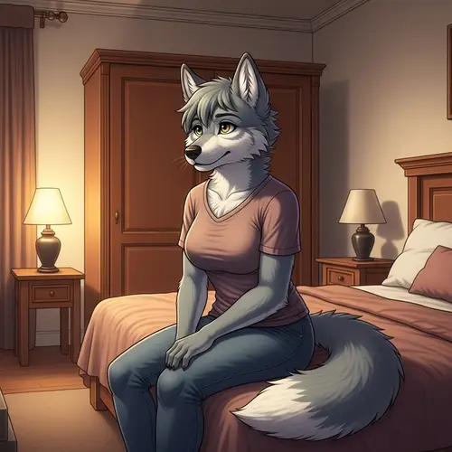 Anthropomorphic Wolf in Cozy Bedroom | Tranquil Scene