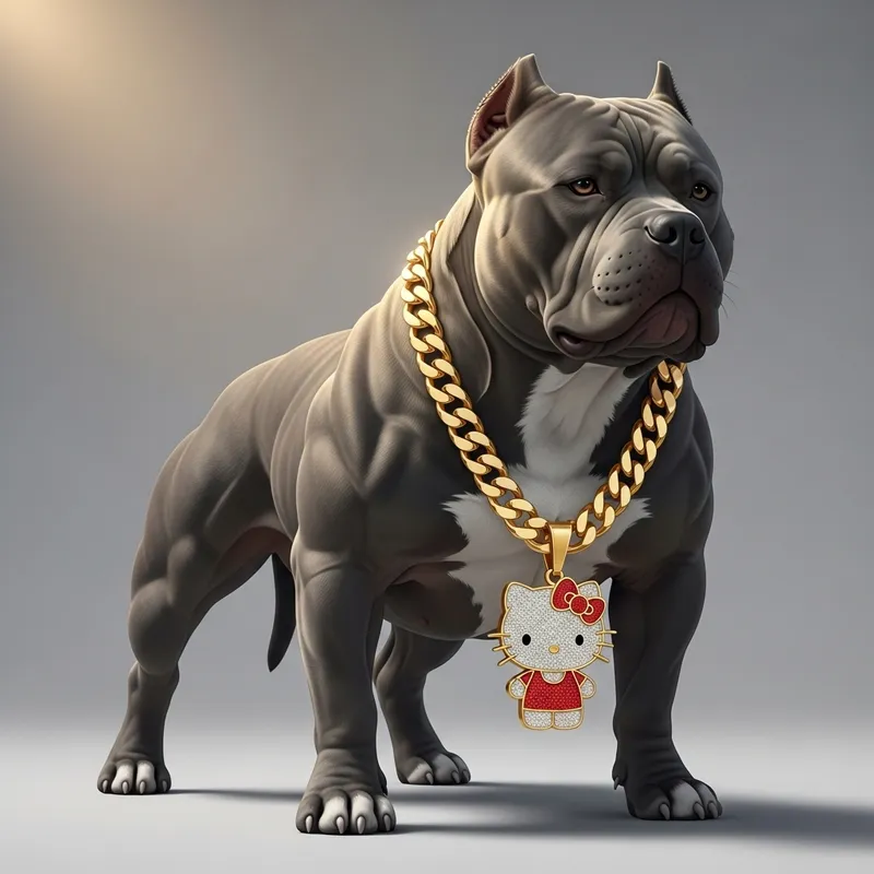Gray American Bully with Gold Chain and Hello Kitty