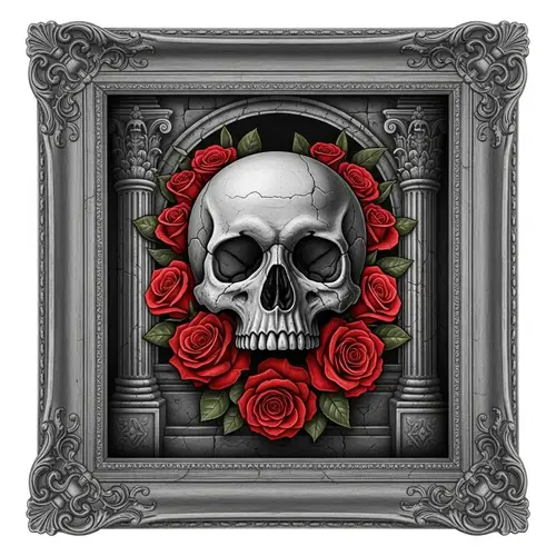 Stone Skull in Roman Portrait Frame with Red Roses
