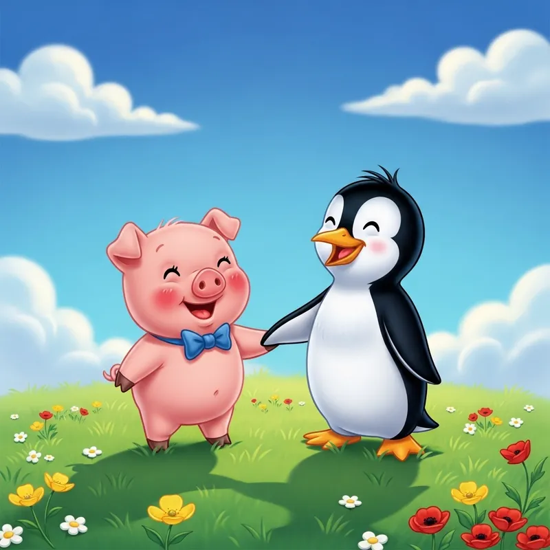 Adorable Piglet Holding Hands with a Penguin, Cartoon-Style