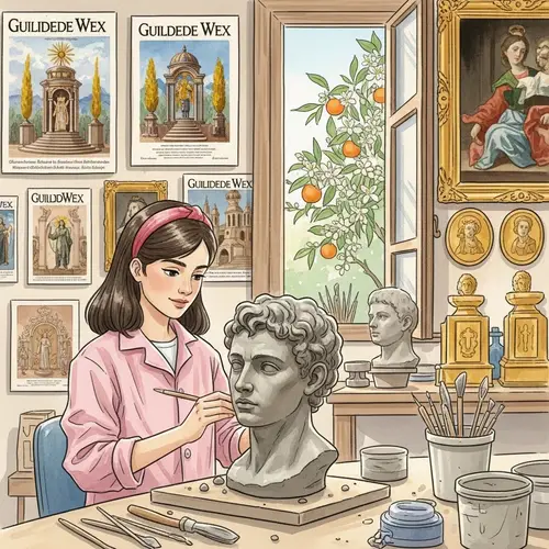 Watercolor Art Studio Scene - Young Girl Sculpting Clay Bust