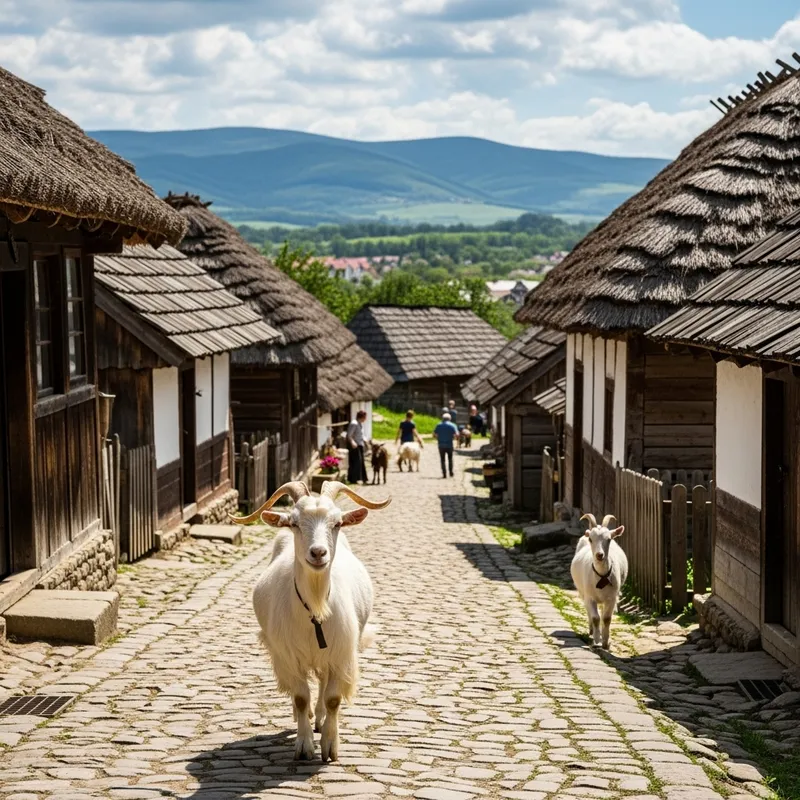White Goat Walking in Serene Village Setting