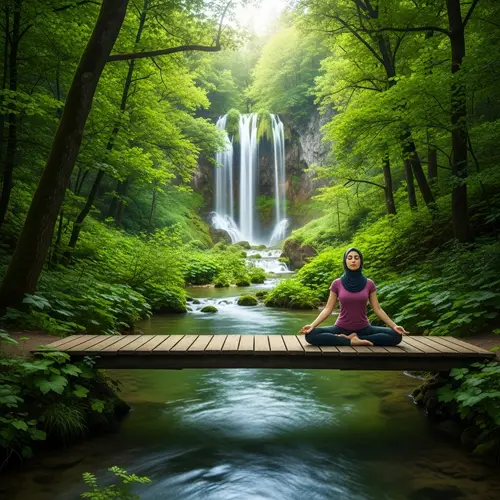 Tranquil Forest Scene with Waterfall and Yoga Practitioner