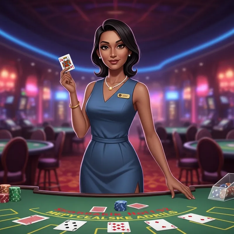 Casino Dealer Woman in Bluish Dress Holding Playing Card | Online Gaming