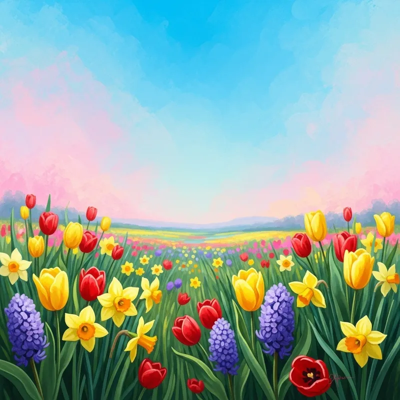 Nature-Inspired Spring Landscape | Soft Pastel Blooms & Blue Sky