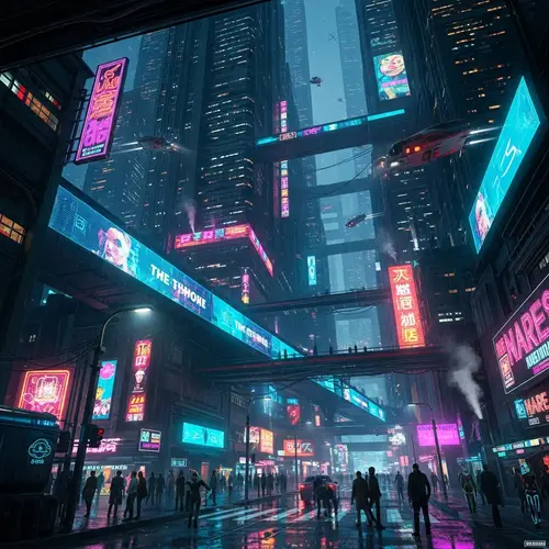 Futuristic Night Cityscape: Dystopian Cyberpunk Skyscrapers