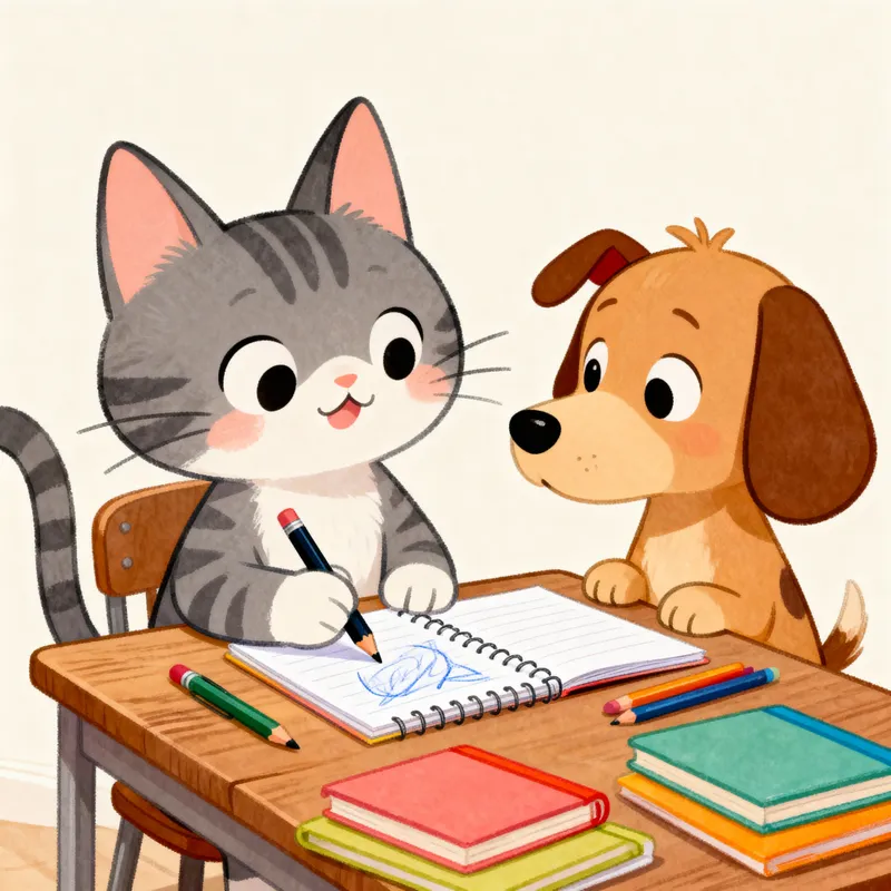 Cat and Dog Doing Homework in Cartoon Style