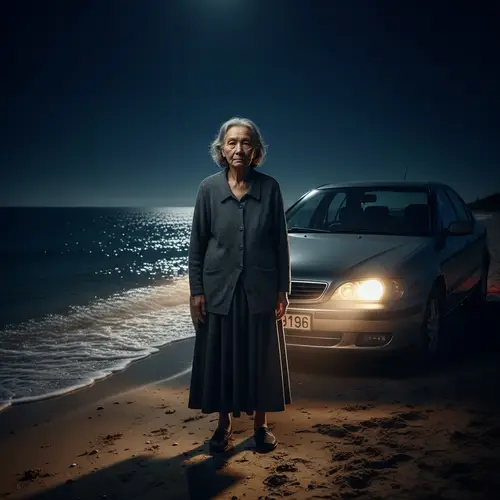Elderly Woman Standing Between Night Beach & Car Headlights