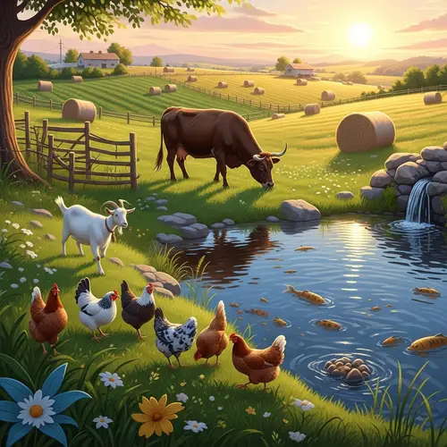 Stunning Farmland Landscape with Cow, Goat, Hens and Fish
