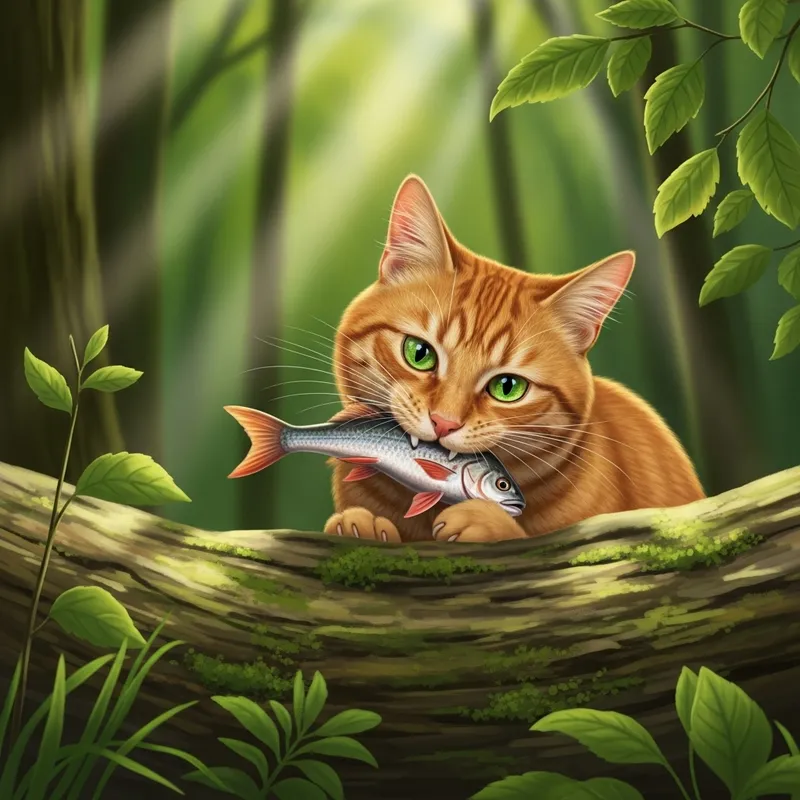 Bright Orange Ginger Cat with Green Eyes Eating Fresh Fish in Lush Green Woods Bright Orange Ginger Cat with Green Eyes Eating Fresh Fish in Lush Green Woods
