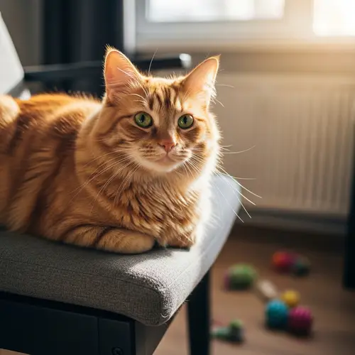 Fluffy Ginger Cat Rests on Plush Chair | Tranquil Afternoon Scene