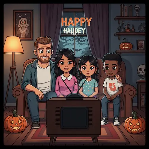 Spooky Halloween Family Watching Vintage TV | Nostalgic Horror Scene