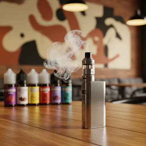Sleek Vape Pen on Wooden Table - Vaping Scene in Cozy Cafe