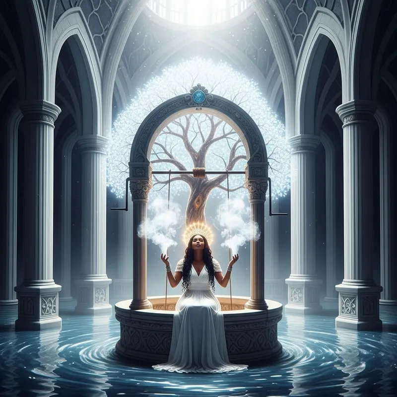 Glowing Woman in New Jerusalem Throne Room with Holy Spirit and Tree of Life
