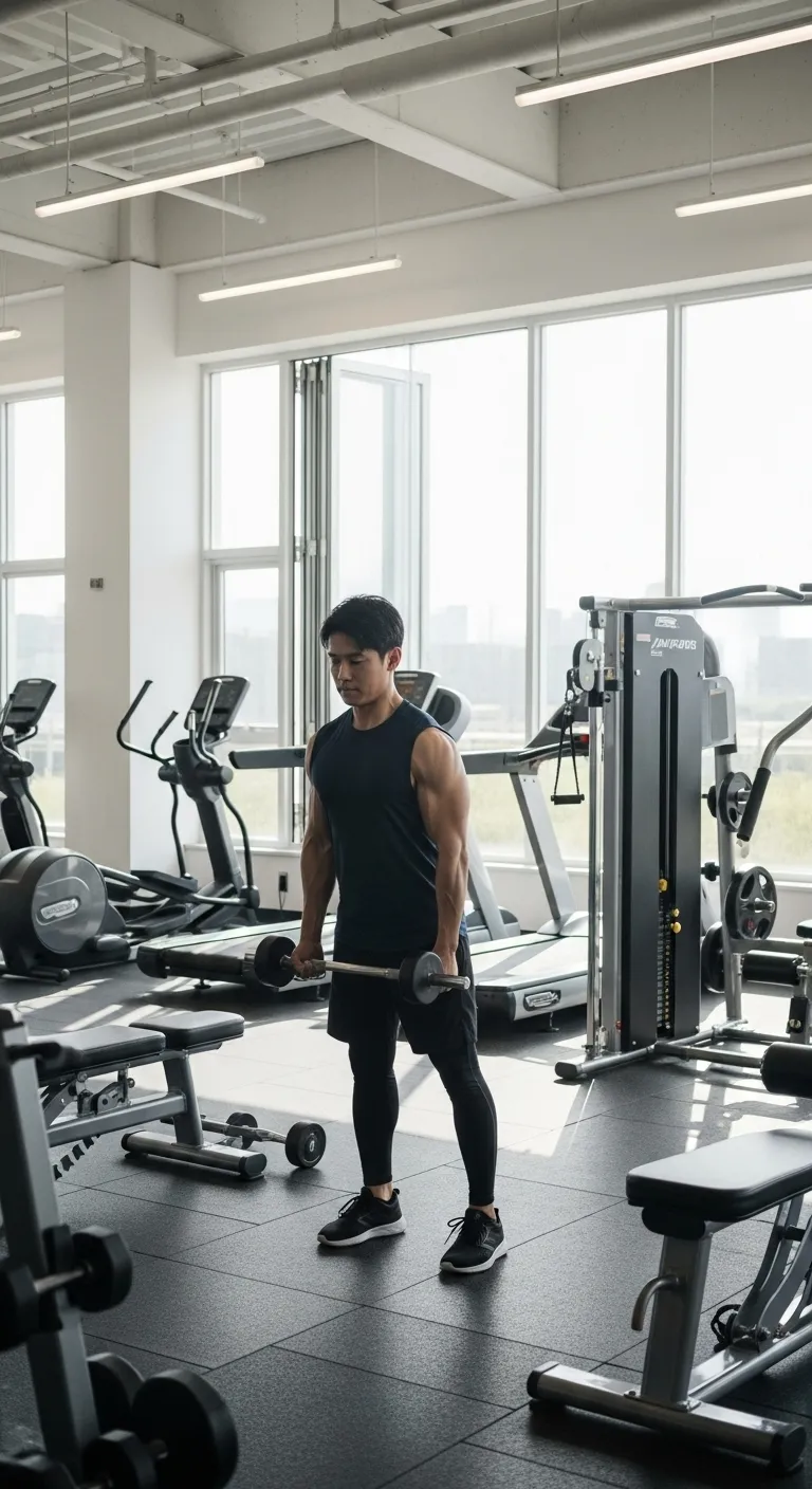 Dedicated Asian Man Working Out in Gym | Fresh Air & Activity Dedicated Asian Man Working Out in Gym | Fresh Air & Activity