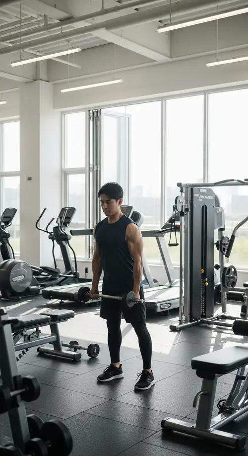 Dedicated Asian Man Working Out in Modern Gym | Fresh Air & Activity
