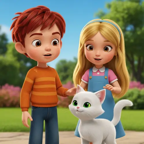 Playful Red-Haired Boy & Blonde Girl with Kitten
