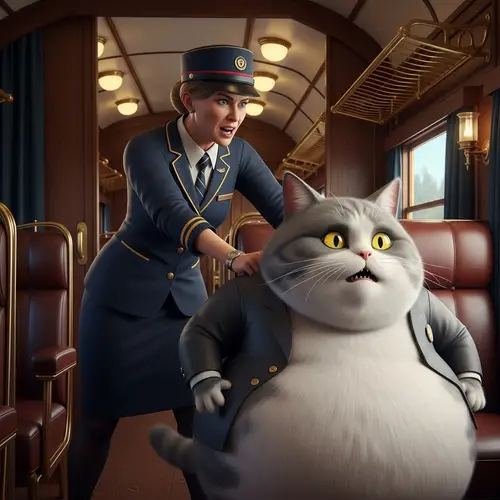 Female Conductor Removing Overweight Anthropomorphic Cat from Train Carriage