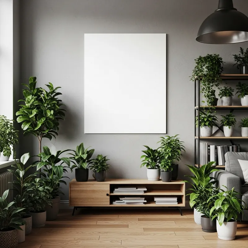 Industrial Living Room with Lush Houseplants and Minimalist White Poster