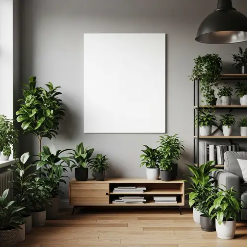 Industrial Living Room with Houseplants and White Poster