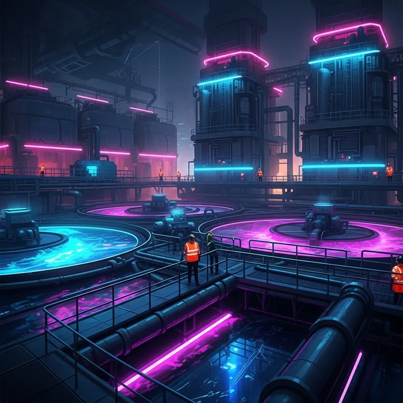 Cyberpunk Neon Water Plant Art - Futuristic Facility Vision