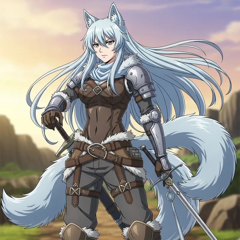 Luminous Light Blue-Haired Anime Wolf Woman | Two Tails