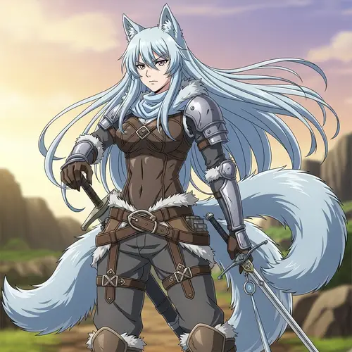 Anime Wolf Woman with Two Tails | Luminous Light Blue Hair