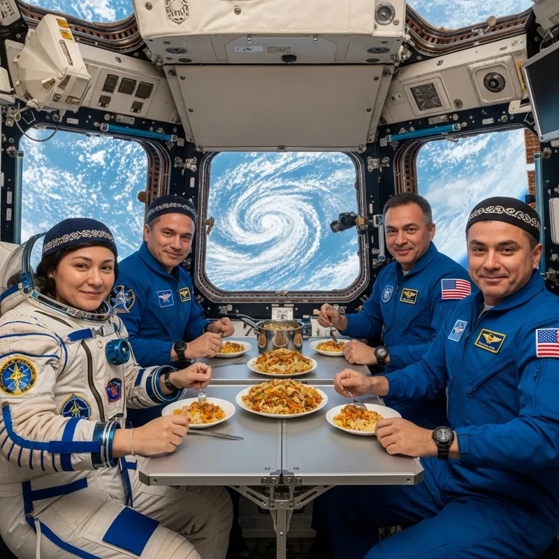Spacemen Enjoying Uzbek Plov in Space Station