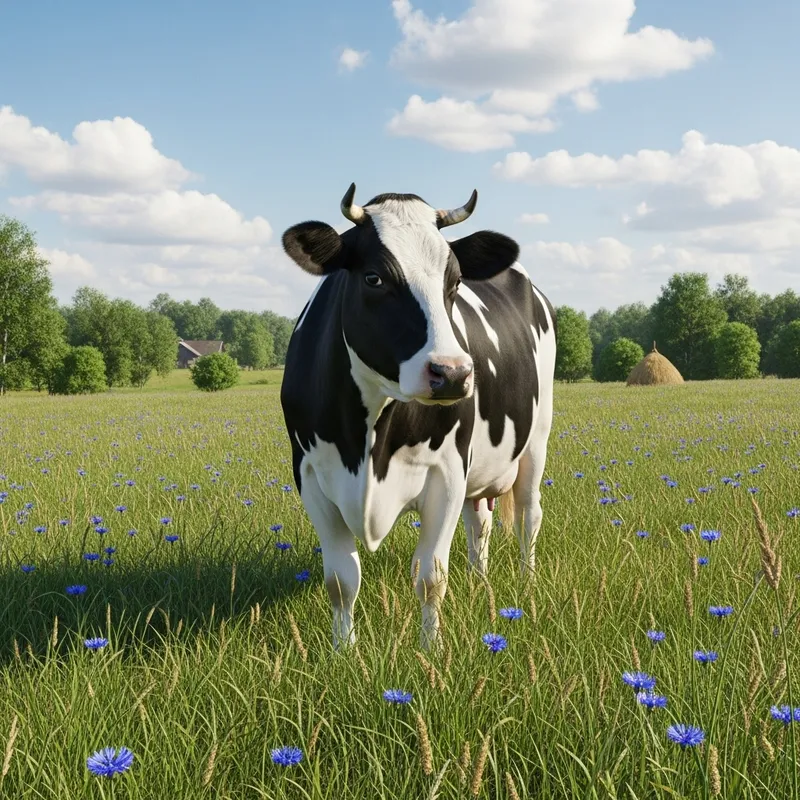 Tranquil Pastoral Scene: Lone Cow Grazing in Lush Field - Peaceful Harmony with Nature
