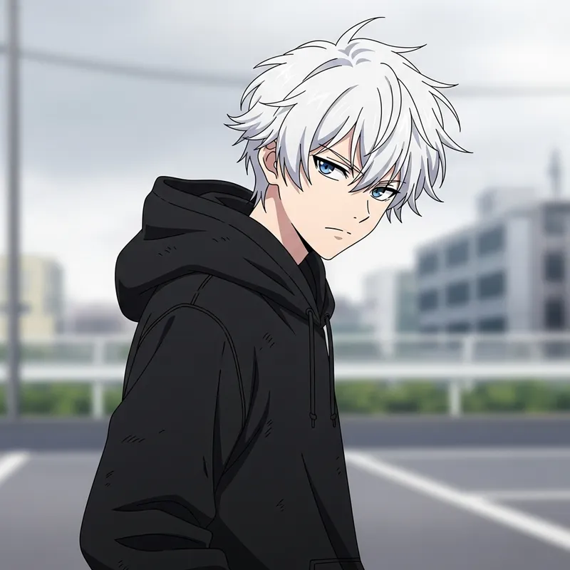 Anime White Hair Boy in Black Hoodie Illustration