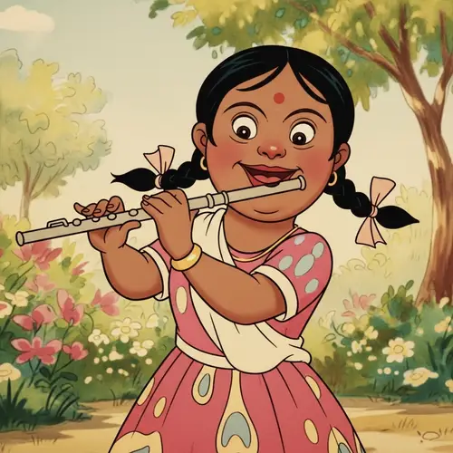 Joyful South Asian Girl Playing Flute in Disney Style