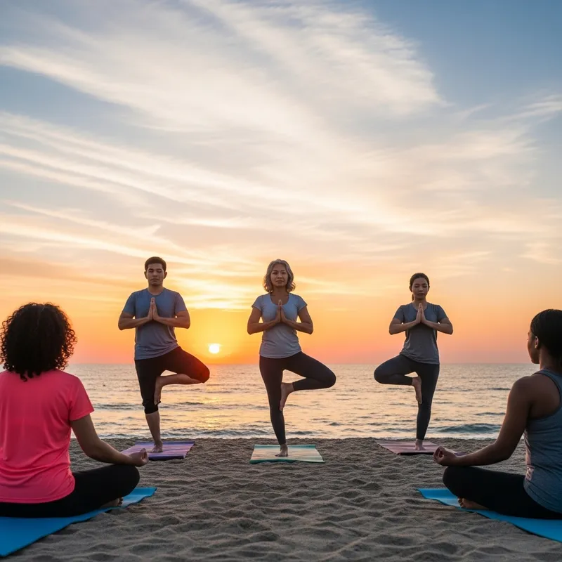 Diverse Group Yoga Meditation at Beach Sunset