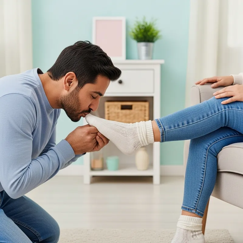 Man Kisses Woman's Feet in White Socks - Sweet Affection