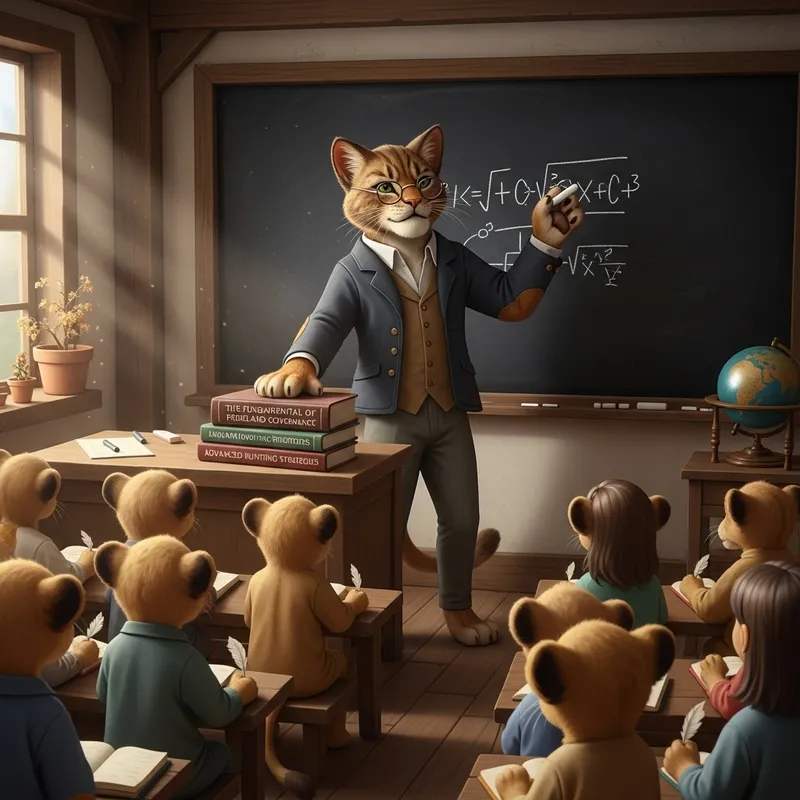 Cat Teaching on Blackboard to Lions