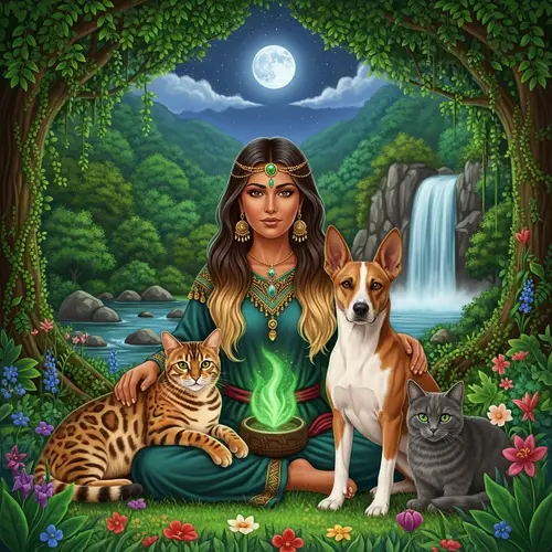 Mystical Forest Scene with Middle-Eastern Shaman and Animal Companions