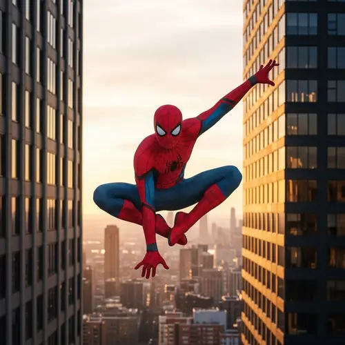 Superhero Jumping Between Skyscrapers in Urban Setting