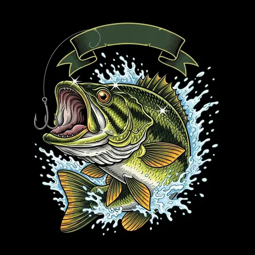 Vibrant Bass Fish Illustration with Engaging Fishing Hook