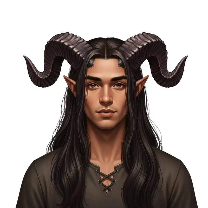 Young Tiefling Man with Medium Horns and Long Hair Young Tiefling Man with Medium Horns and Long Hair