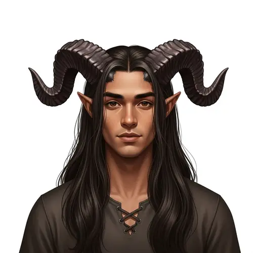 Young South Asian Male Tiefling with Medium-Length Horns and Warmth in Eyes