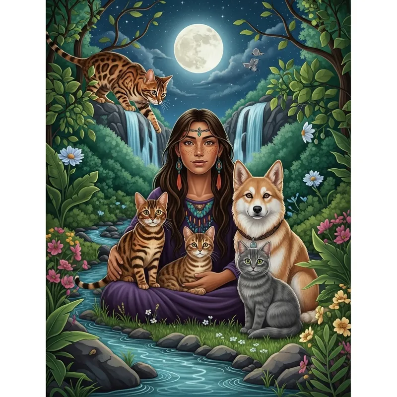 Mystical Bengal Cat, Shamanic Woman, and Nature Enchantment