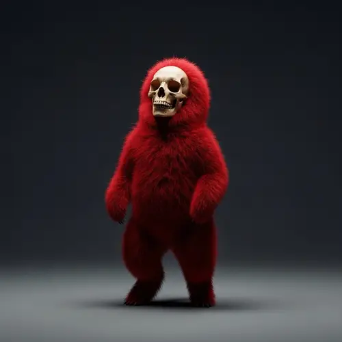 Surreal Red Furry Creature with Eerie Skull | Fantasy & Horror