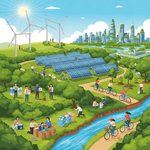 Sustainable World: Green Forest, River, Wind Turbines & Eco Activities