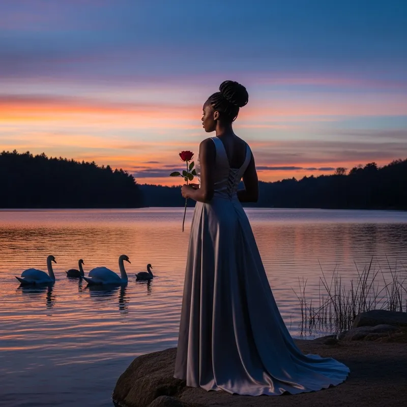 Elegant Woman enjoying Tranquil Dusk by the Lake with Swans Elegant Woman enjoying Tranquil Dusk by the Lake with Swans
