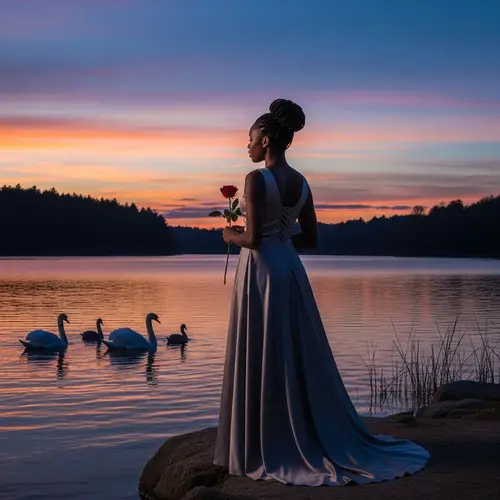 Tranquil Dusk Scene by the Lake with Elegant Black Woman and Swans