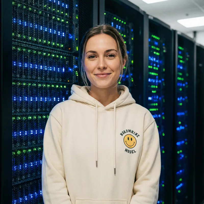 Stylish Model in Graphic Hoodie | High-Tech Backdrop Stylish Model in Graphic Hoodie | High-Tech Backdrop