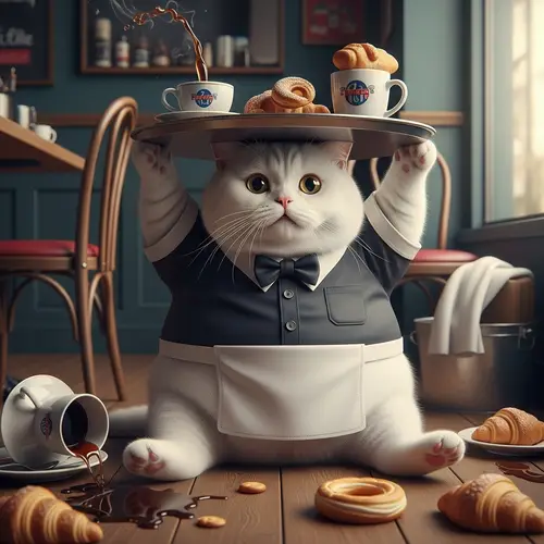 Hyper-realistic British Cat Waiter Cafe Misstep Image