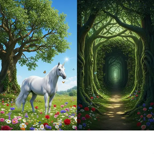 Majestic Unicorn in Vibrant Meadow with Butterflies and Forest Maze