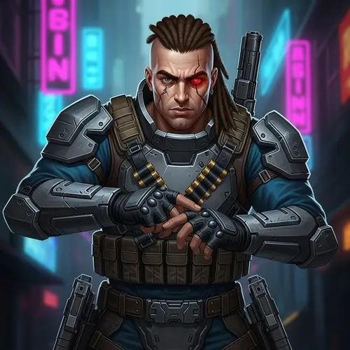 Muscular Man with Unique Eyes and Protective Gun Armor