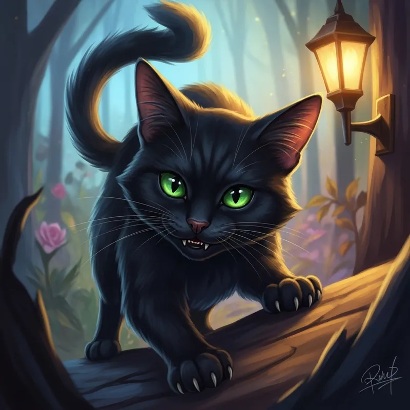 Mischievous Black Cat Illustration with Green Eyes | Playful & Vibrant Fantasy Art
